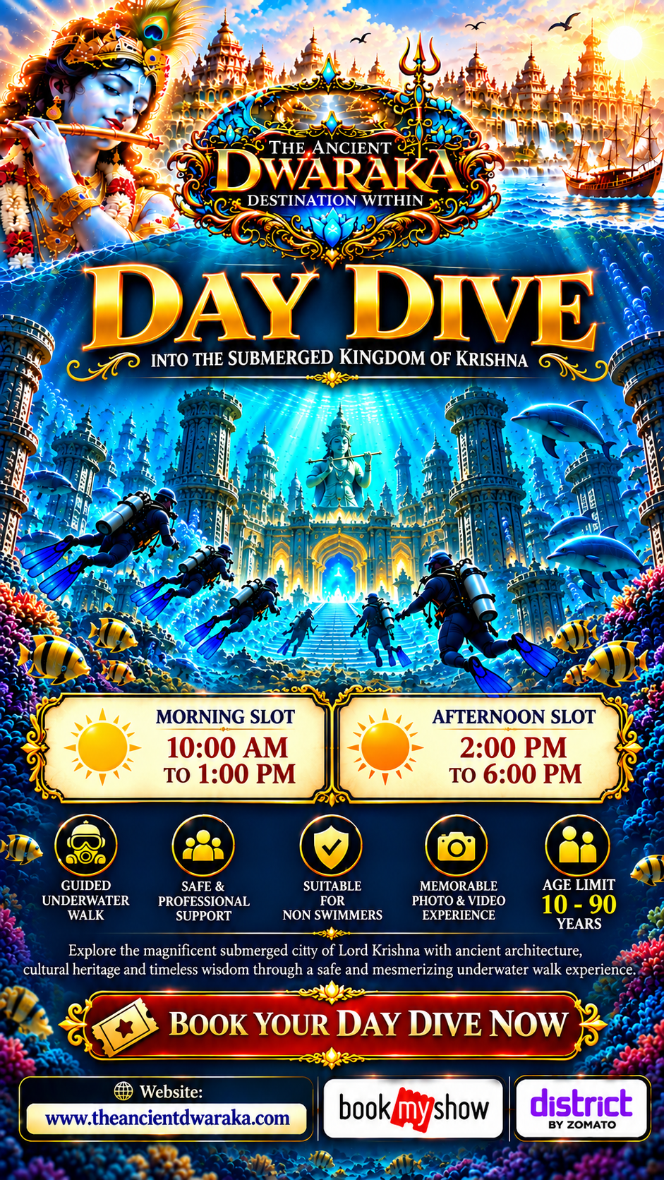 Day Dive poster: morning and afternoon underwater walk into the submerged kingdom of Krishna